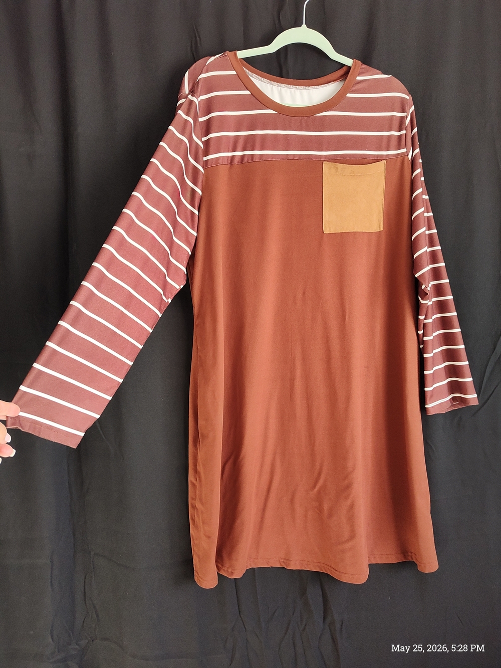 Striped Yoke Long Sleeve Shift Dress with Contrasting Pocket